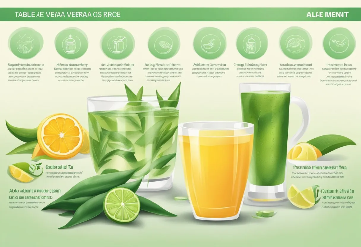 A table with various key ingredients like aloe vera, green tea, and vitamin C, along with their benefits listed next to them