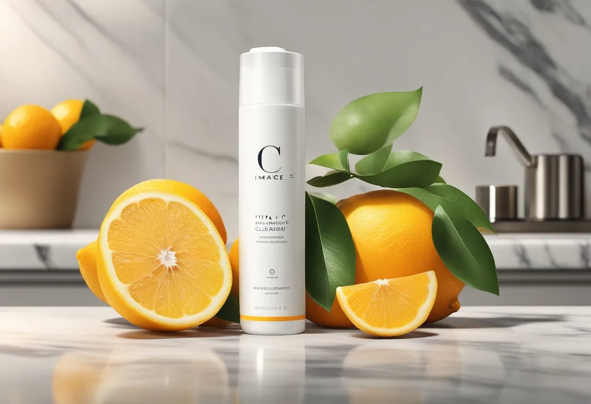 A bottle of IMAGE Skincare VITAL C Hydrating Facial Cleanser sits on a marble countertop, surrounded by fresh citrus fruits and lush green leaves
