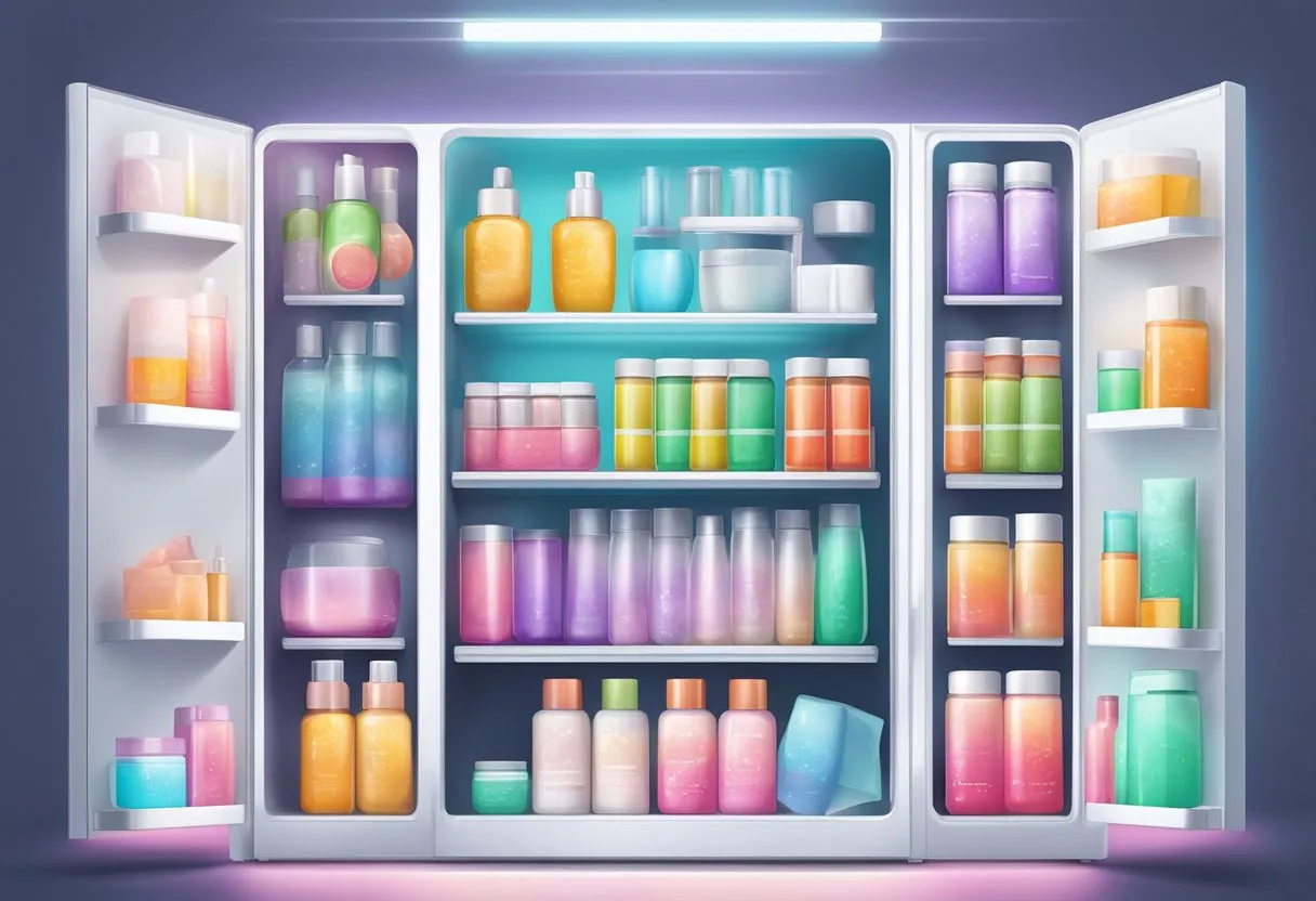 A sleek refrigerator filled with colorful skincare products and neatly organized shelves, emitting a soft glow from its interior