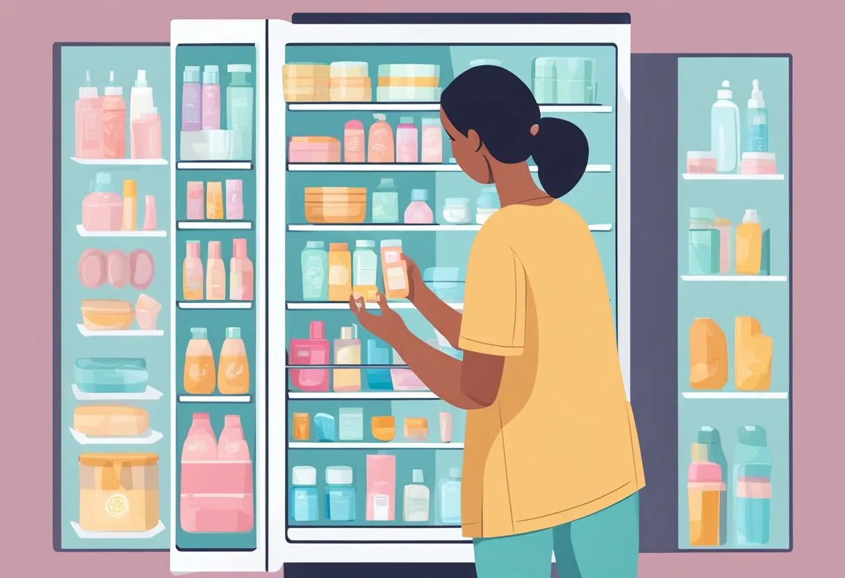 A person opens a sleek refrigerator filled with skincare products, carefully selecting the perfect items for their routine