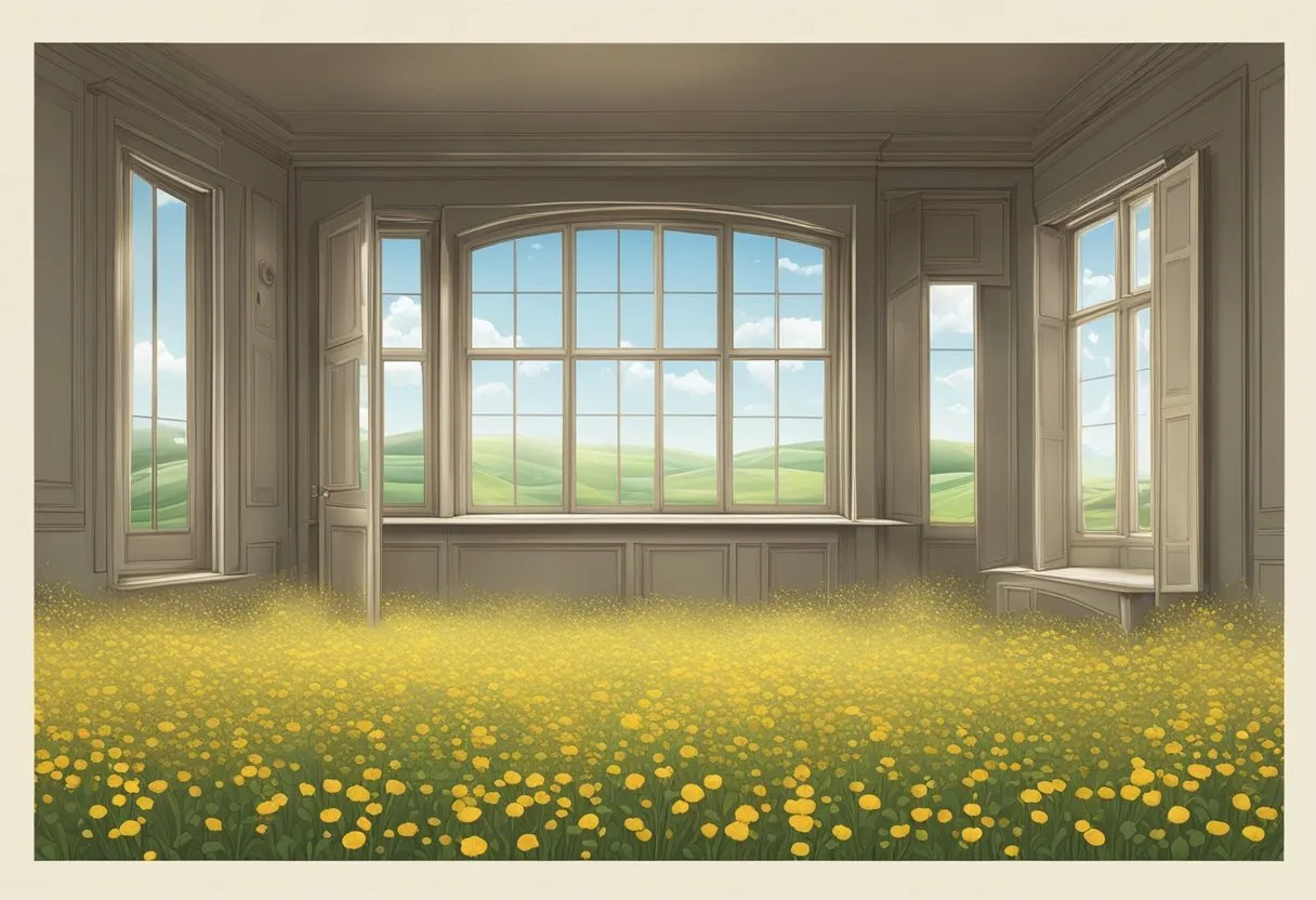 A blooming field with swirling pollen and a dusty room with closed windows
