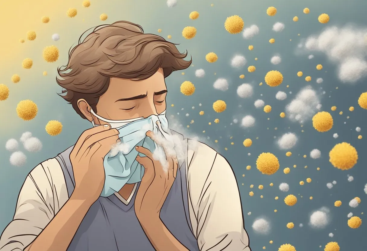 A person sneezing and wheezing with a runny nose and tight chest, surrounded by pollen, dust, and pet dander