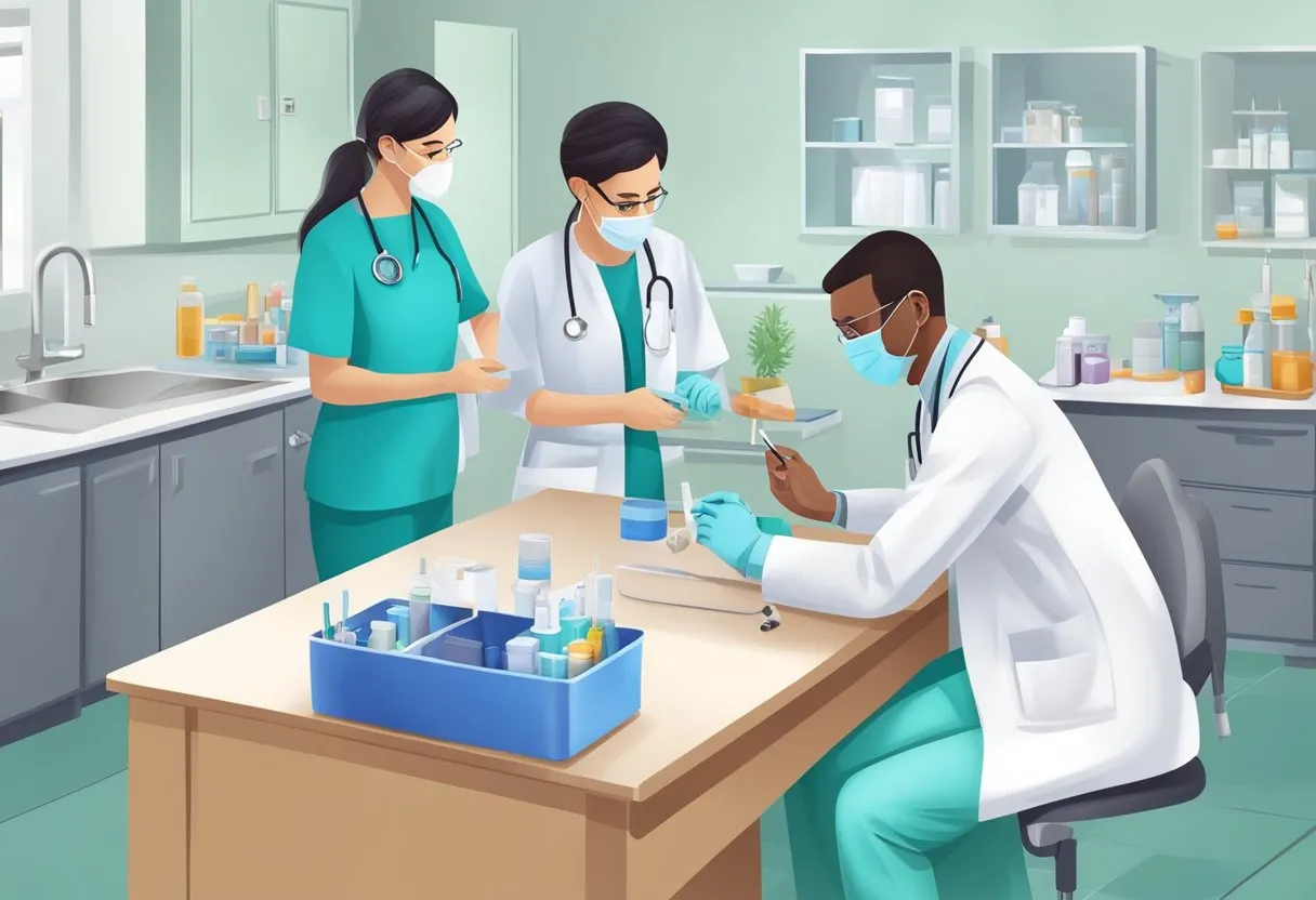A doctor administers allergy and asthma tests using various tools and equipment in a clinical setting