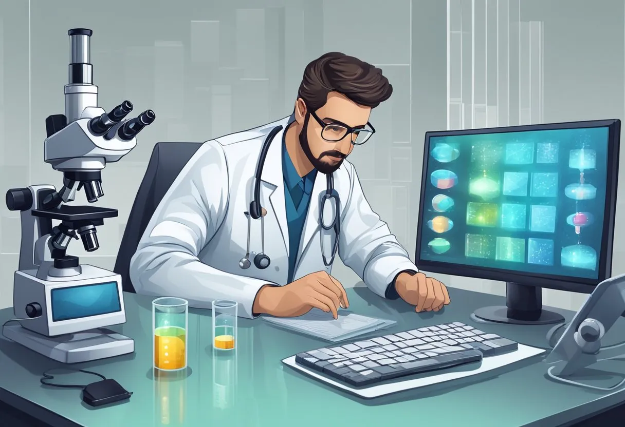 A table with test tubes, a microscope, and a computer displaying test results. A doctor or scientist reviewing the data with a concerned expression
