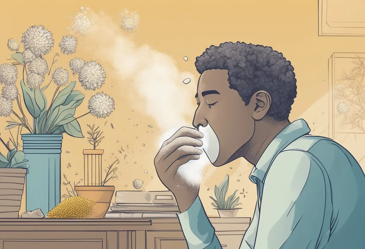 A person sneezing and coughing, surrounded by pollen, dust, and pet dander. Tissues and an inhaler are nearby - Allergy Sinus and Asthma