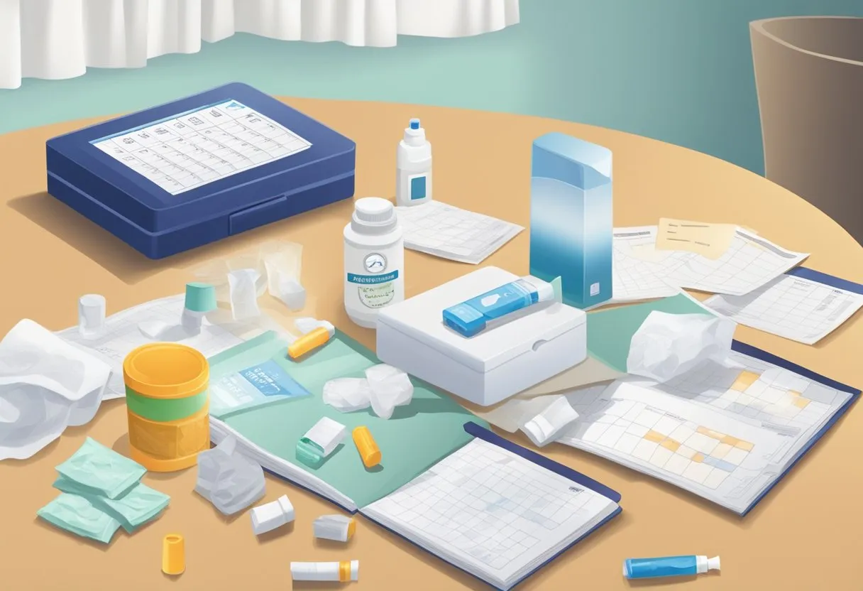 A table with a box of tissues, a bottle of allergy medication, and an inhaler. A calendar with the appointment date circled. Kleenex scattered on the floor