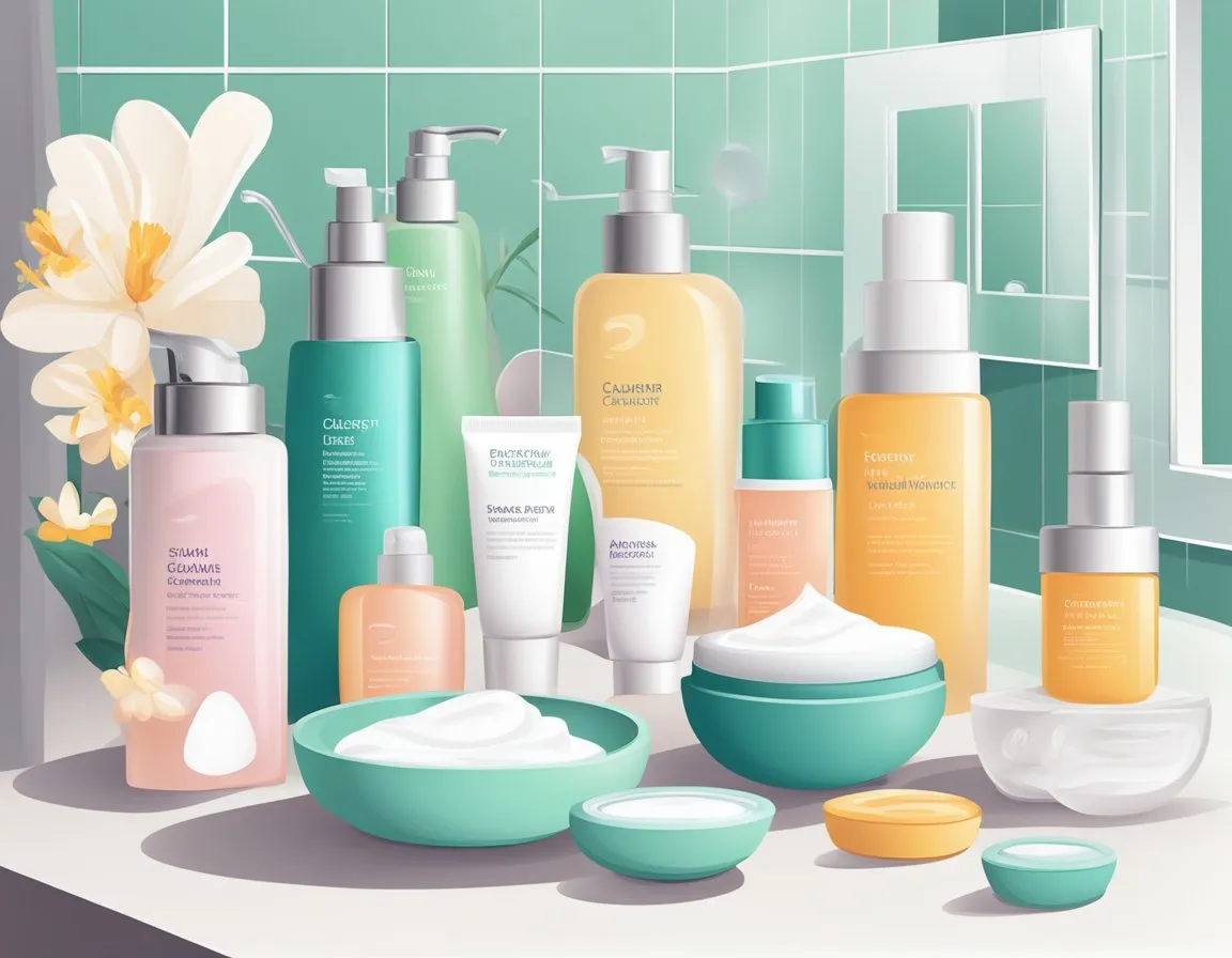 Skincare Routine - A woman's skincare routine: Cleanser, toner, serum, moisturizer, sunscreen. A towel, mirror, and various skincare products on a clean countertop