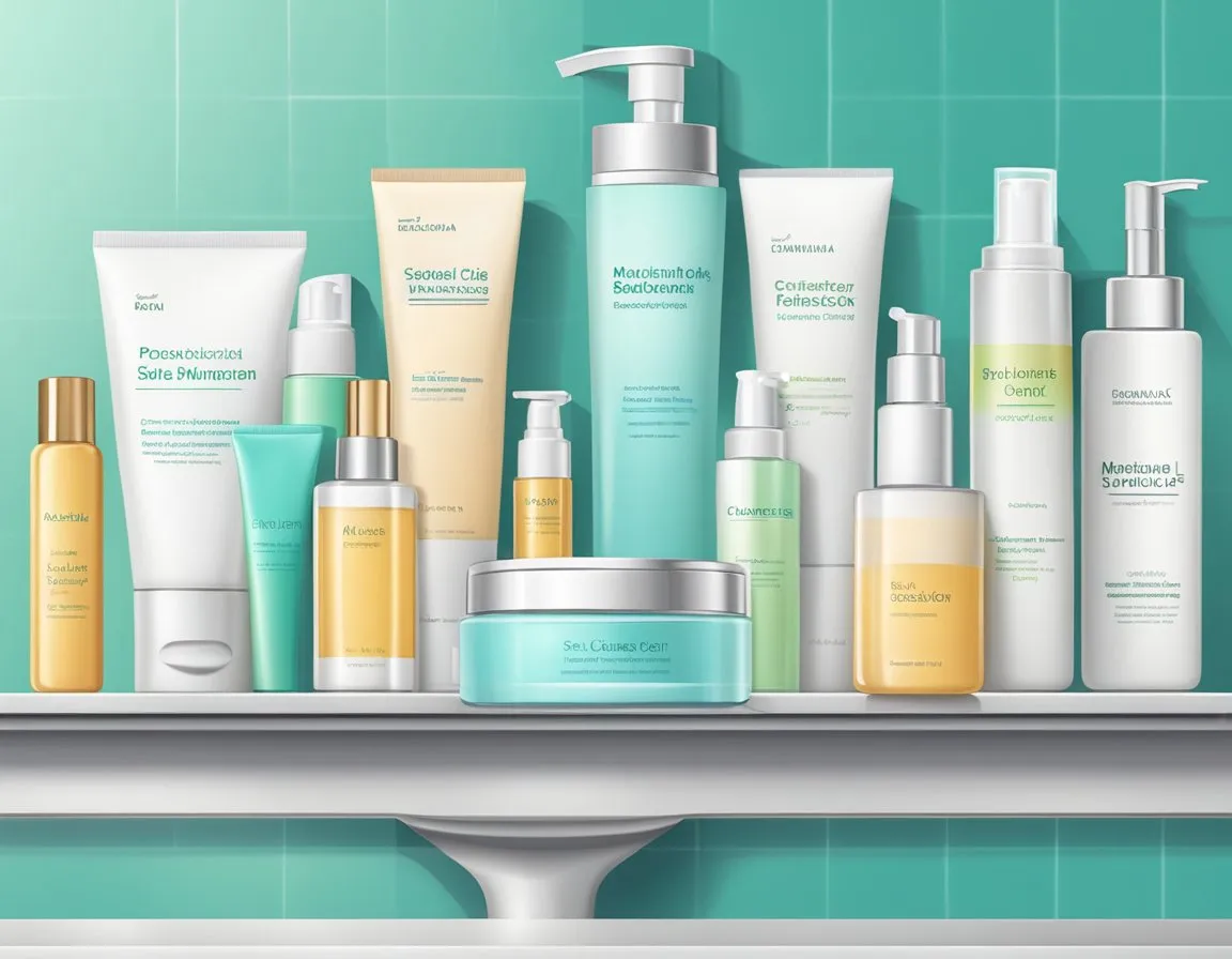 A bathroom counter with various skincare products arranged neatly in a row, including cleanser, toner, moisturizer, and sunscreen