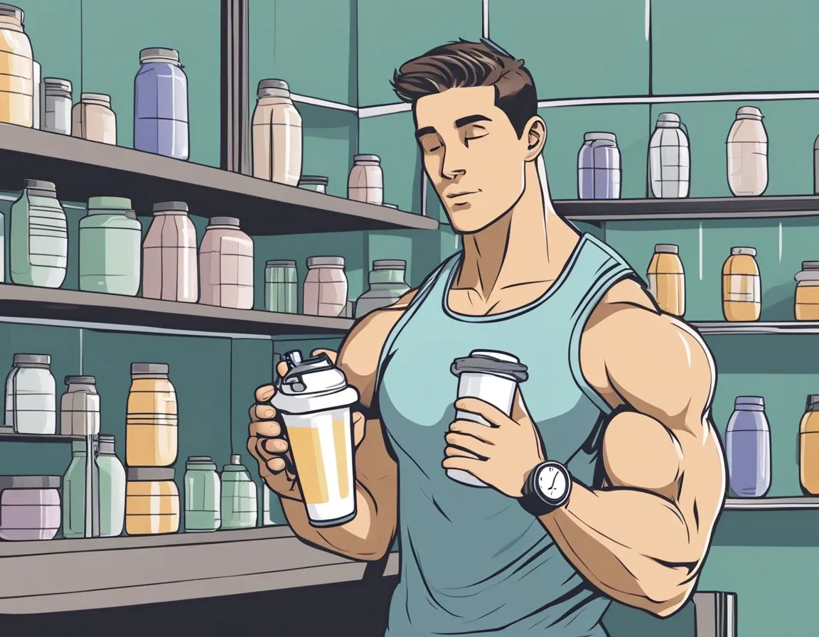 A person holds a protein shake, pondering whether to drink it before or after a workout. A clock in the background shows the optimal timing for protein consumption