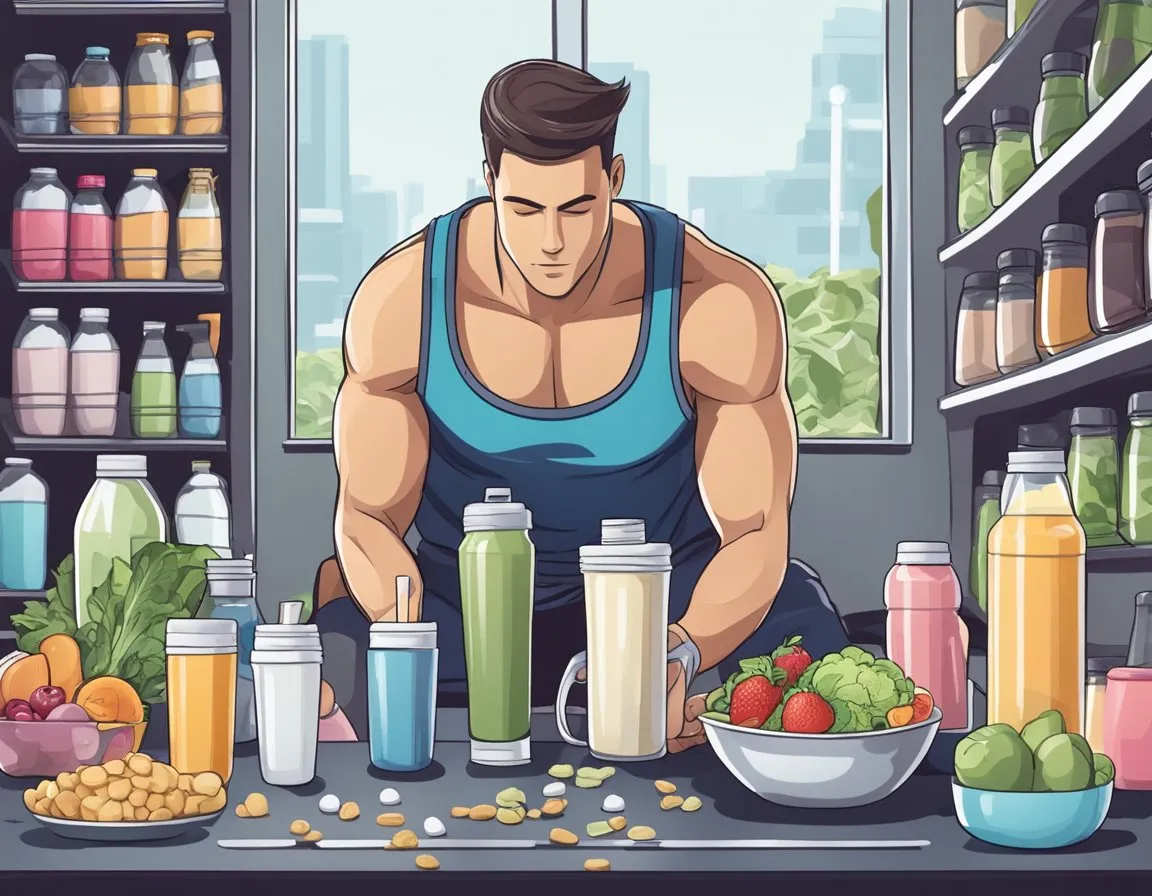 A person deciding between drinking protein shakes before or after a workout, surrounded by gym equipment and healthy food options