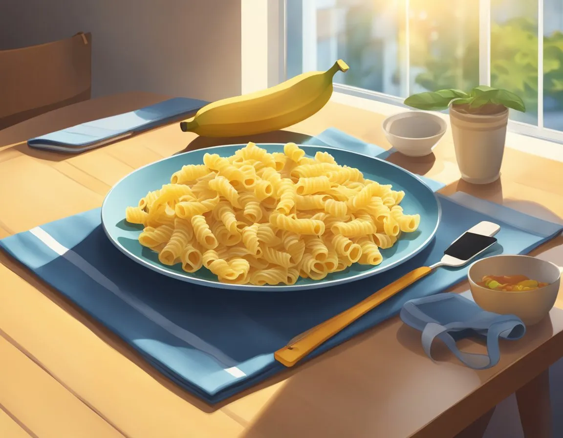 Eat Carbs Before Or After Your Gym - A plate of pasta and a banana sit on a table, with a gym bag in the background. The sun shines through a window, casting a warm glow on the scene