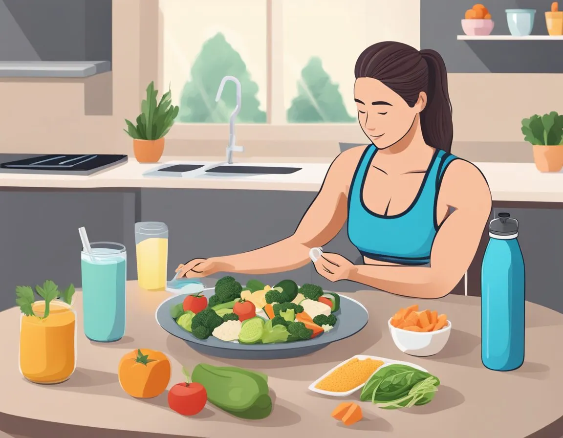 Eat Carbs Before Or After Your Gym - A person preparing a balanced meal with a mix of protein, carbs, and vegetables after a workout. A water bottle and protein shake are also on the table