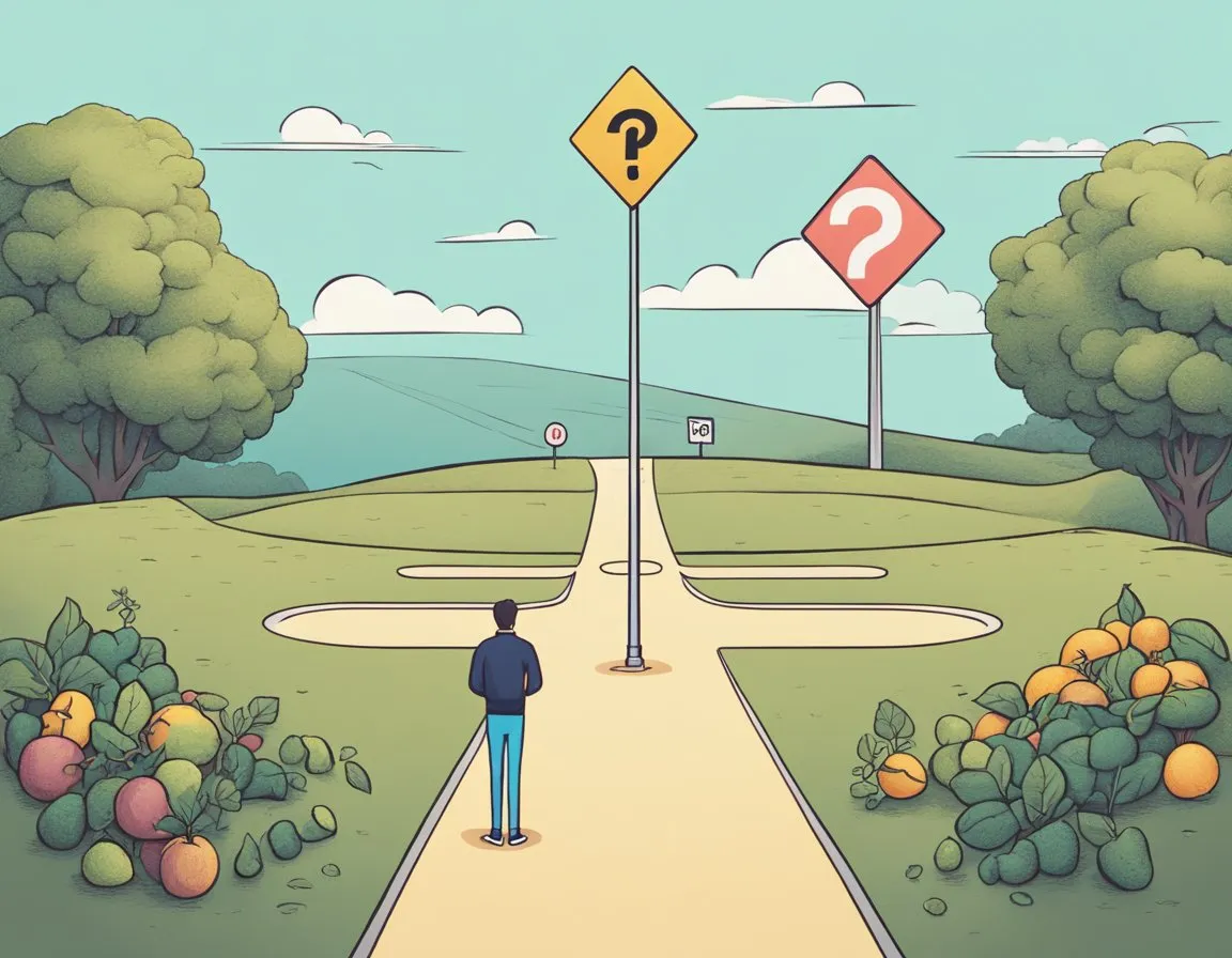 A person stands at a crossroads, one path leading to a plate of carbs, the other to a gym session. A question mark hovers above their head as they weigh the options