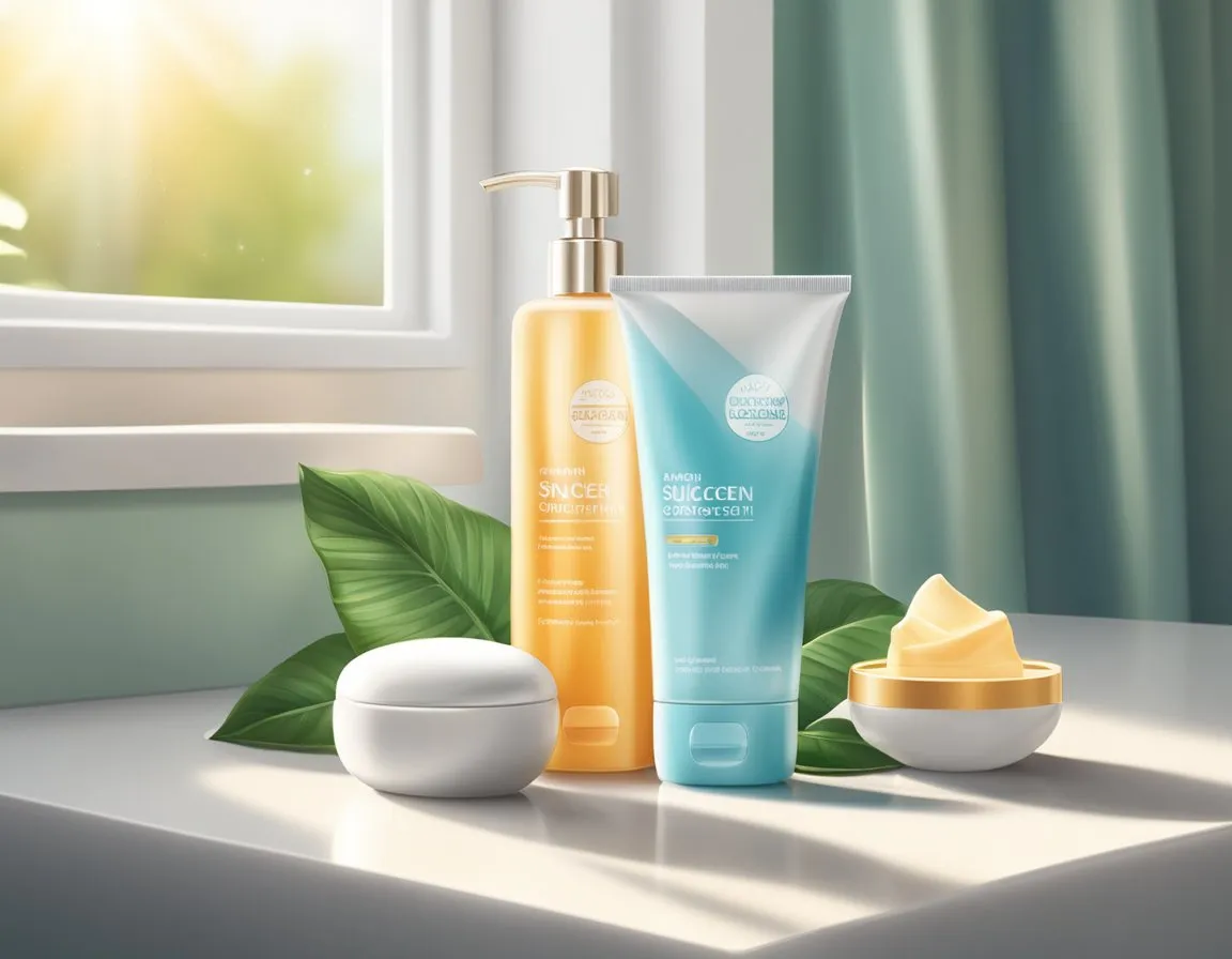 Sunscreen Before Or After Moisturizer - A bottle of sunscreen and moisturizer sit on a bathroom counter. Sunlight streams through the window, casting a warm glow on the products