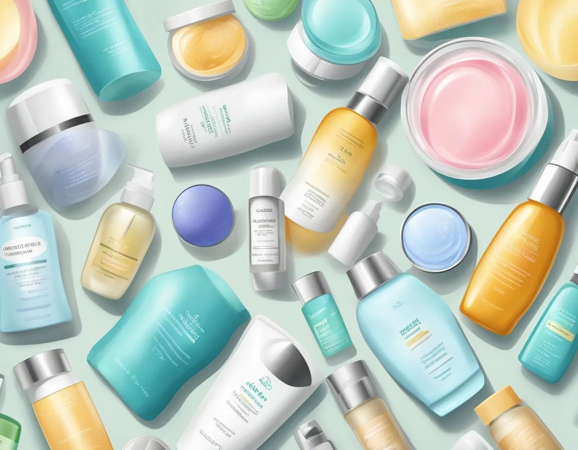 A variety of skincare products arranged on a table, including sunscreen and moisturizer. Labels indicate different skin types and conditions