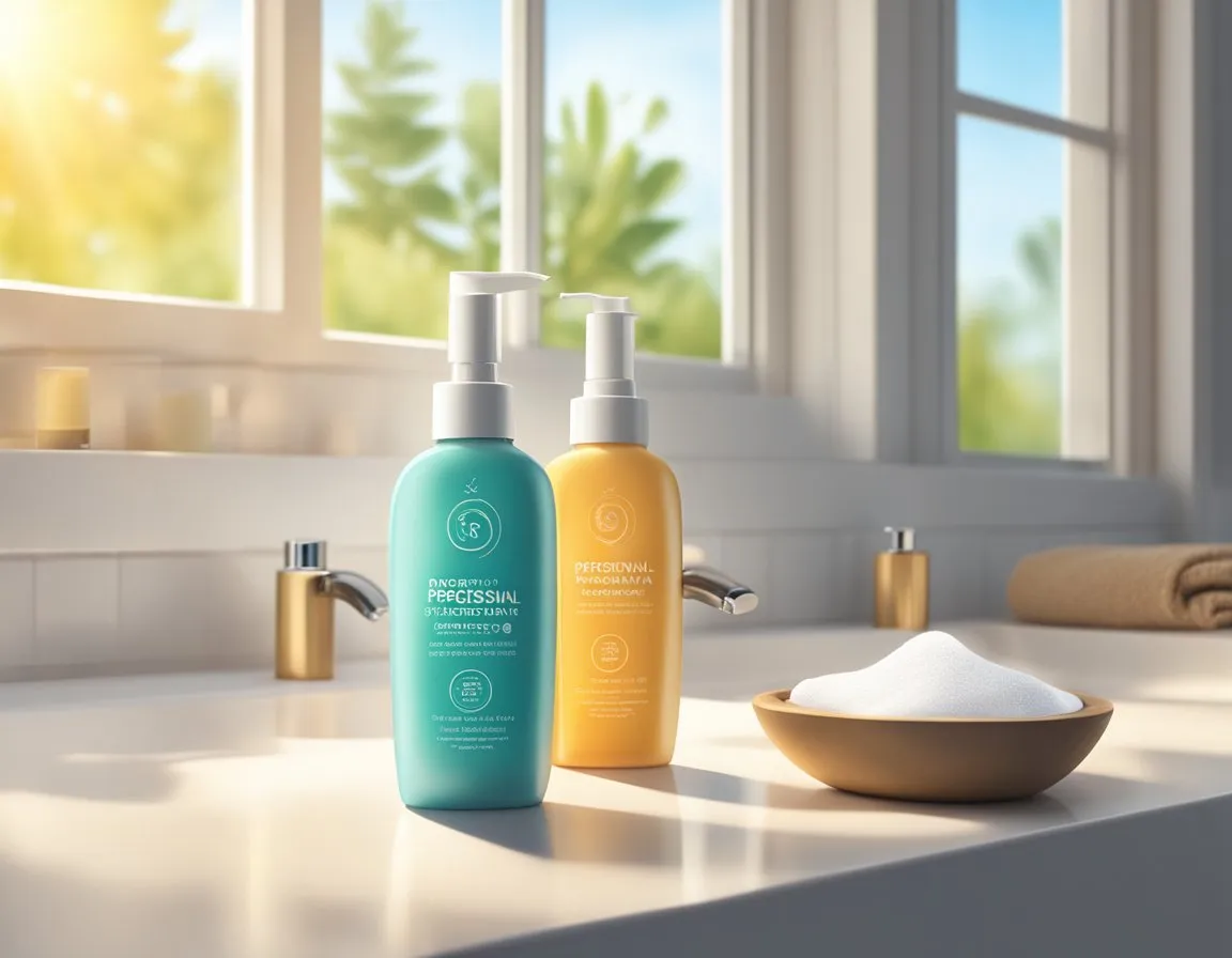 A bottle of sunscreen and a bottle of moisturizer sit on a bathroom counter. Sunlight streams through the window, highlighting the products