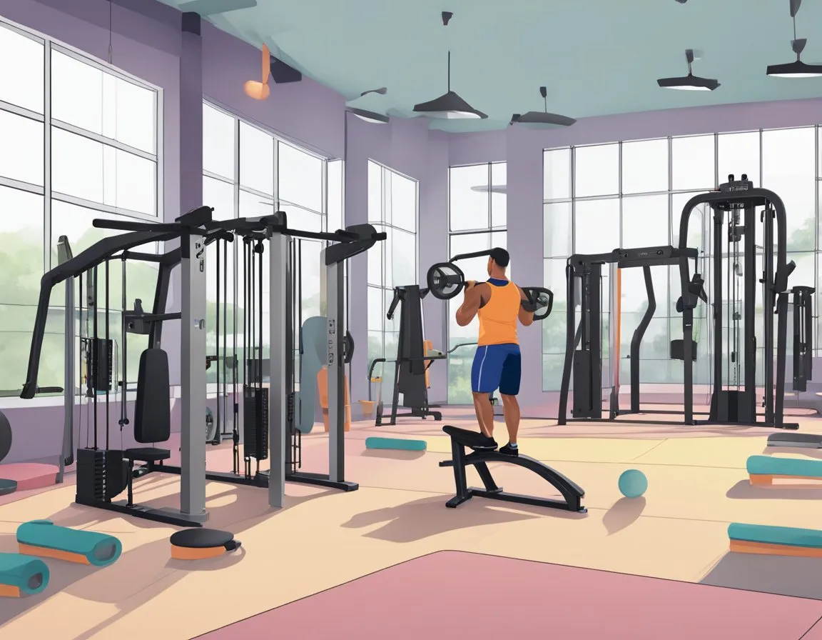 A gym with HIIT equipment on one side and strength training equipment on the other. A person deciding which area to start in - HIIT Before Or After Strength Training