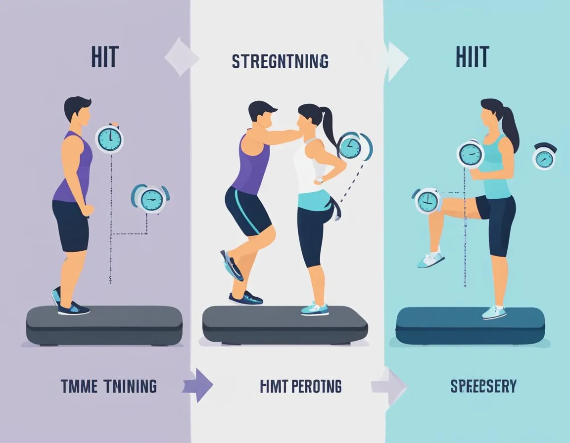 A clock showing different times for HIIT and strength training. HIIT before strength training on one side, and vice versa on the other. HIIT Before Or After Strength Training