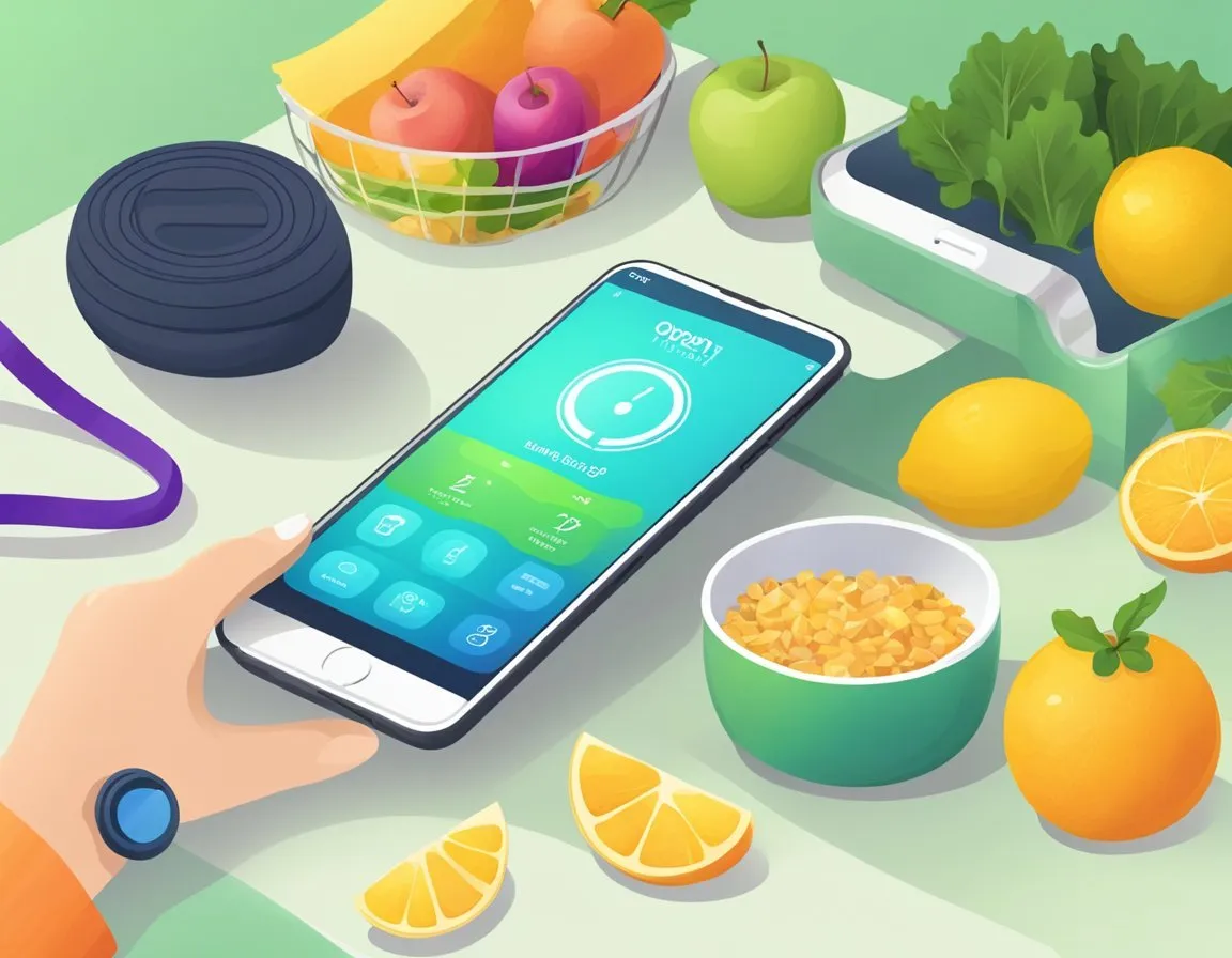 A smartphone with the Weight Loss Challenge app open on the screen, surrounded by healthy food, a water bottle, and a workout mat
