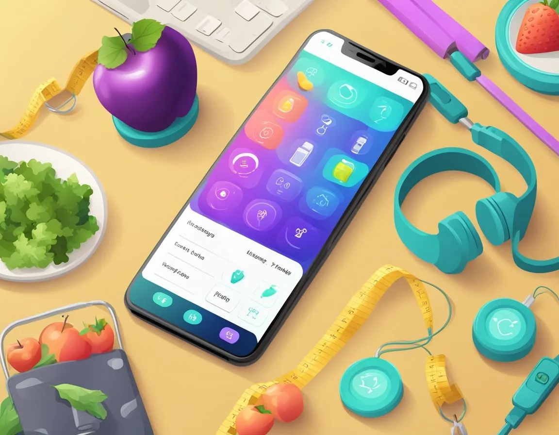 A smartphone with a weight loss challenge app displayed on the screen, surrounded by exercise equipment and healthy food options