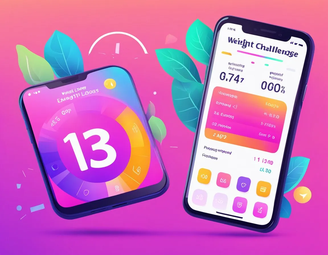 A smartphone displaying a weight loss challenge app with motivational messages, progress tracking, and exercise options. Vibrant colors and energetic design elements