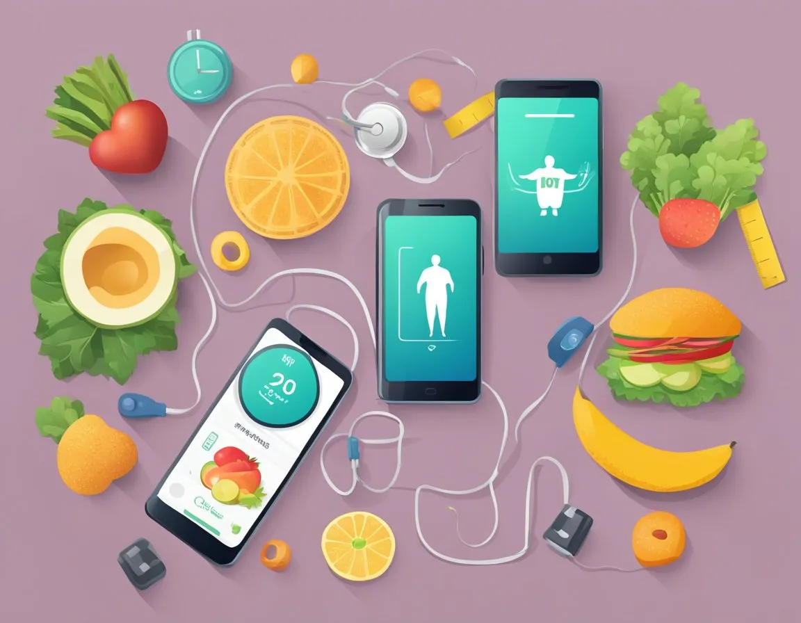 A smartphone with a weight loss challenge app displayed on the screen, surrounded by a measuring tape, healthy food, and exercise equipment
