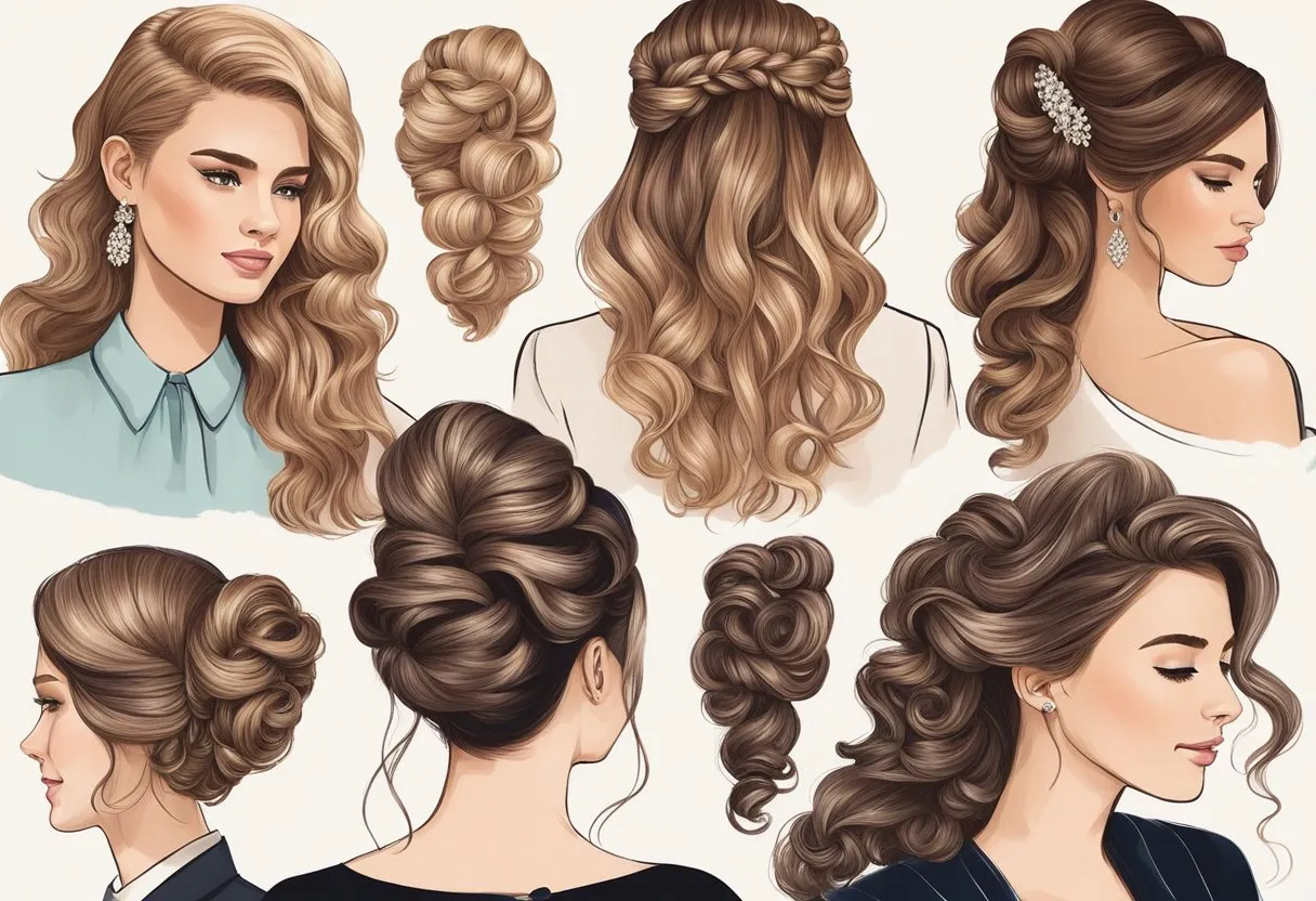 A group of long-haired individuals showcasing trendy prom hairstyles, with elegant updos, braids, and glamorous curls