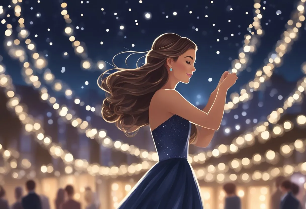 A girl dancing under twinkling lights, her sleek, elegant prom hairstyle holding up perfectly throughout the night