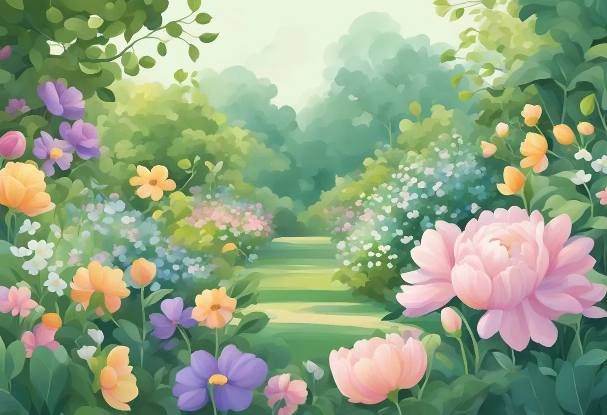 A garden of blooming flowers in pastel shades, surrounded by fresh green leaves and delicate vines