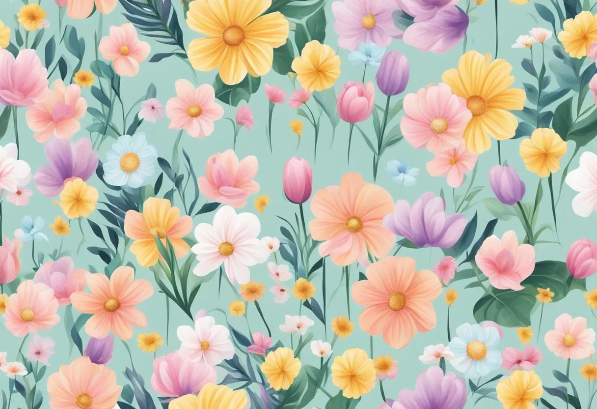 A colorful array of floral and pastel-themed nail art designs displayed on a clean, modern surface with fresh spring flowers in the background