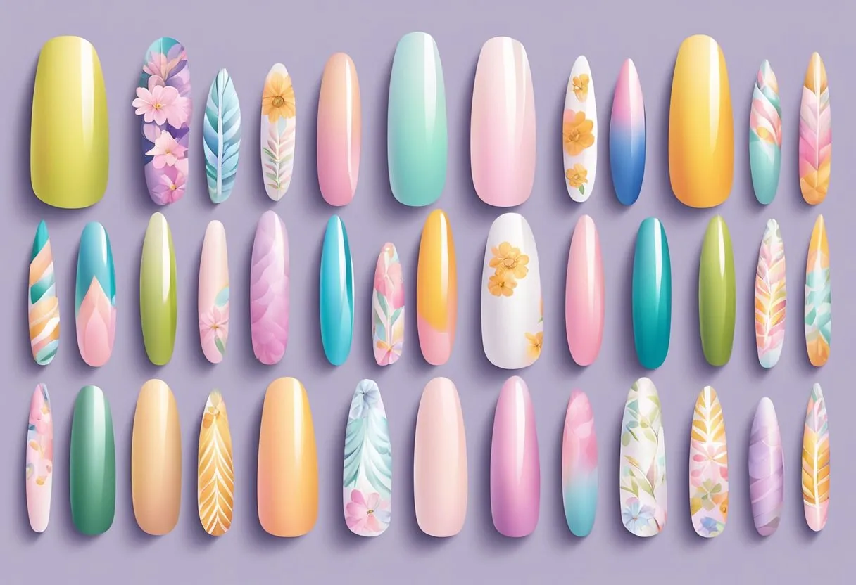 A variety of nail shapes and lengths displayed on a colorful spring-themed background, with floral and pastel accents