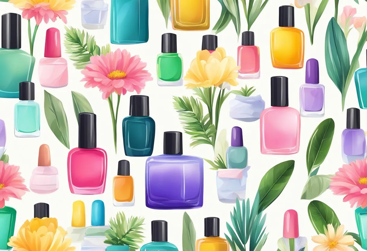 A colorful array of nail polish bottles, nail files, and cuticle oil on a clean, white surface. A potted plant or bouquet of fresh flowers adds a touch of spring