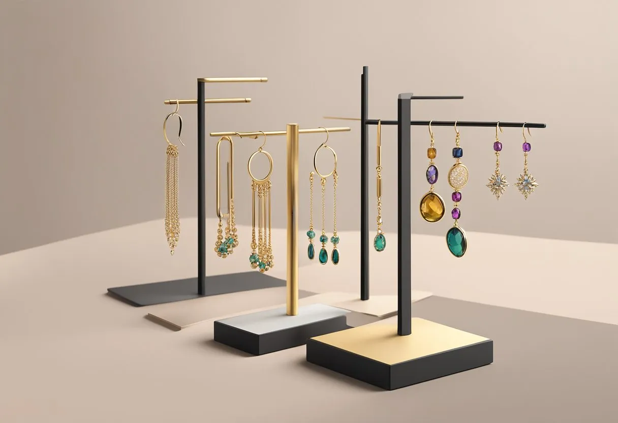 A collection of various earrings displayed on a sleek, minimalist stand against a neutral backdrop