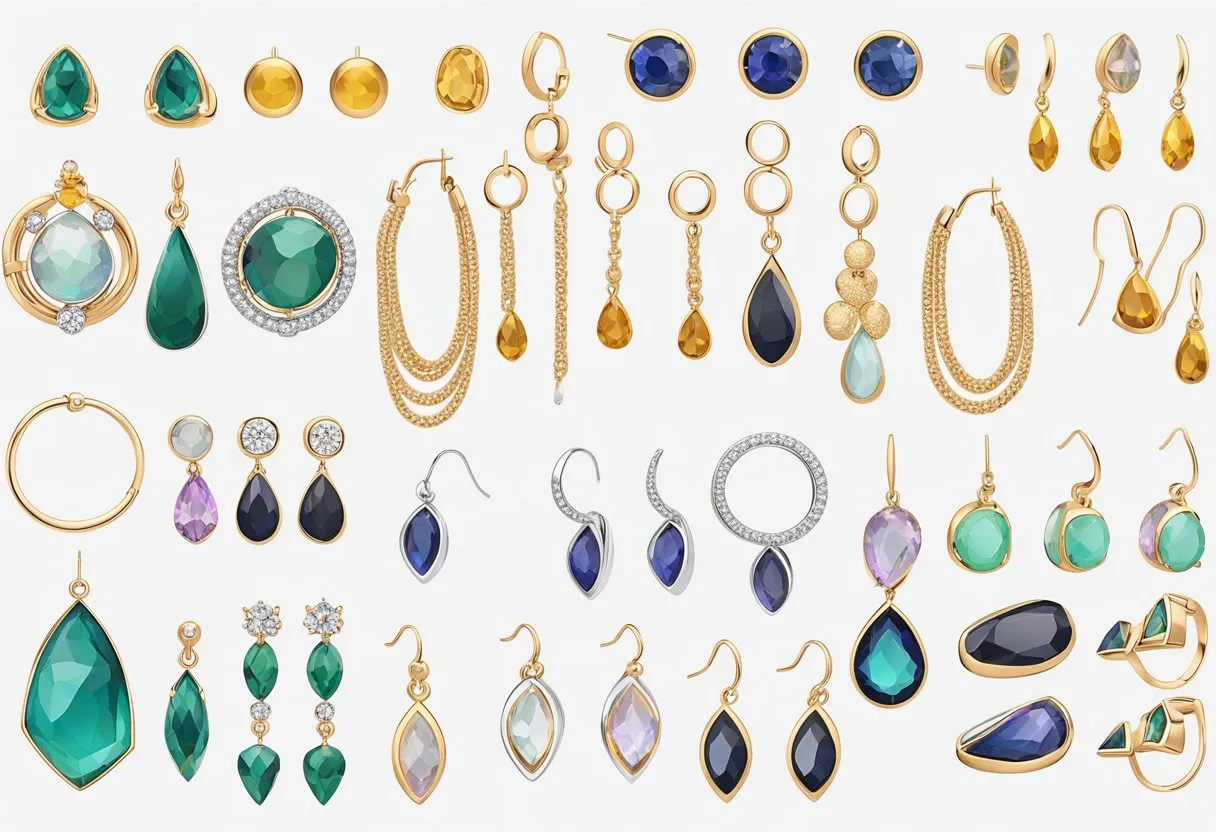 A display of various earring styles arranged on a minimalist white background, including hoop, stud, and statement designs in gold, silver, and colorful gemstones