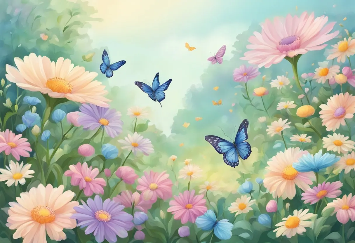 A garden of blooming flowers in pastel colors, with butterflies fluttering around