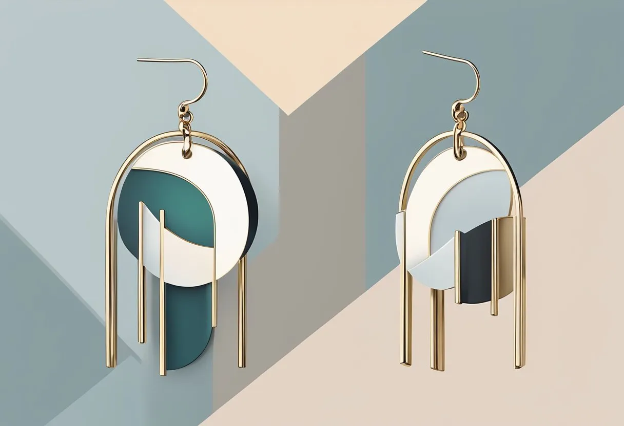 A display of modern, abstract earrings in a sleek, minimalist setting with clean lines and neutral colors