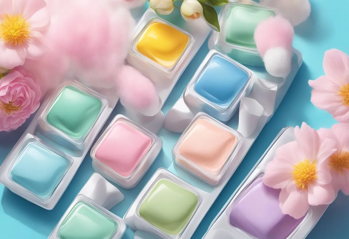 A colorful nail polish palette with pastel hues and cotton candy-inspired shades, set against a springtime backdrop of blooming flowers and bright blue skies