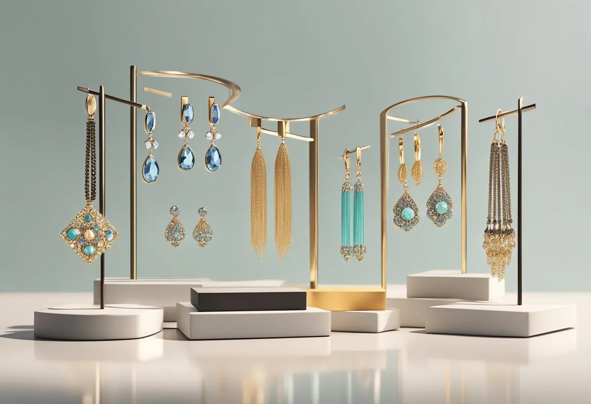 A display of various earrings arranged on a sleek, minimalist stand, catching the light in a modern, trendy setting
