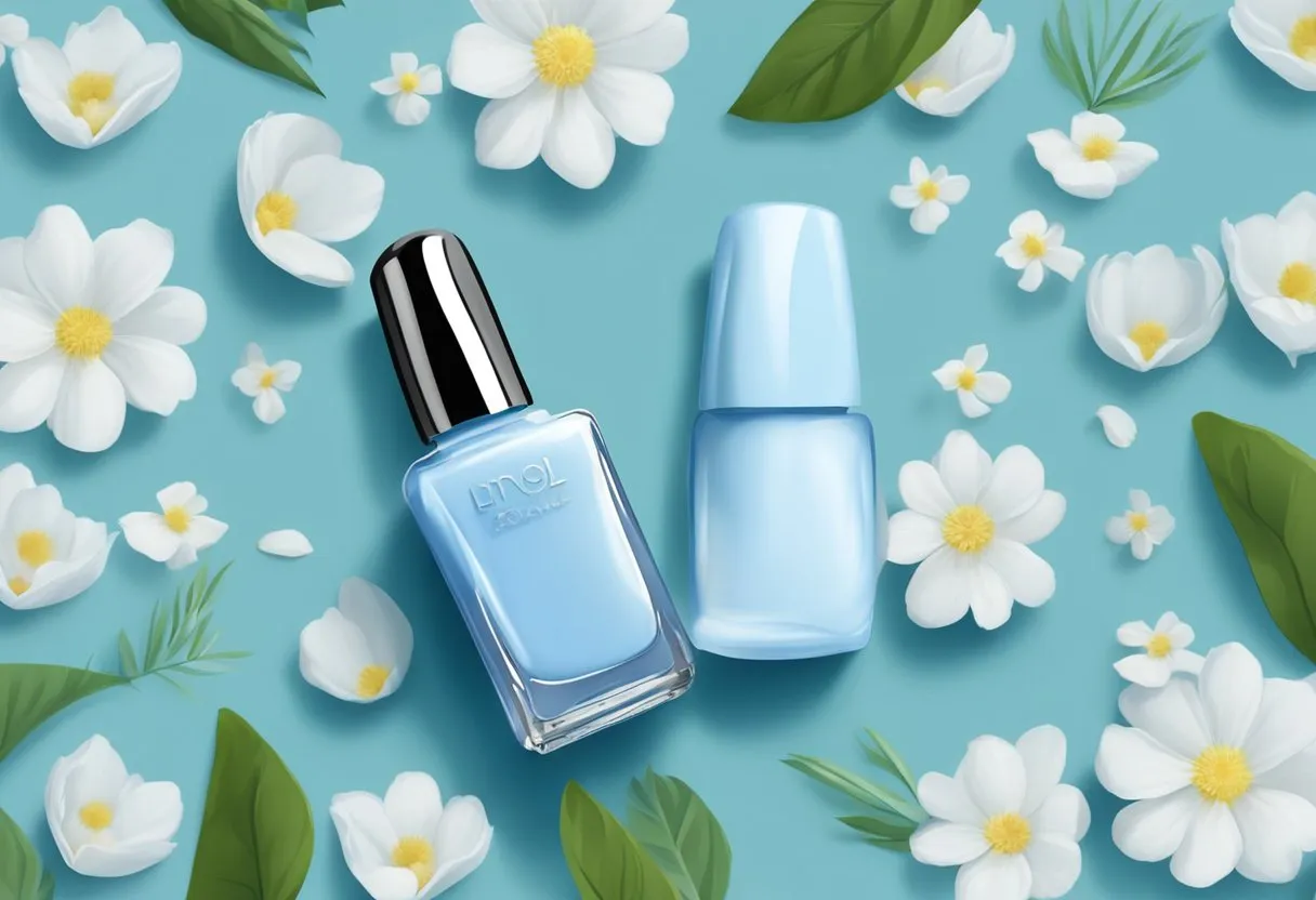 A pastel blue nail polish bottle surrounded by delicate baby blue flower petals, set against a backdrop of fresh spring greenery