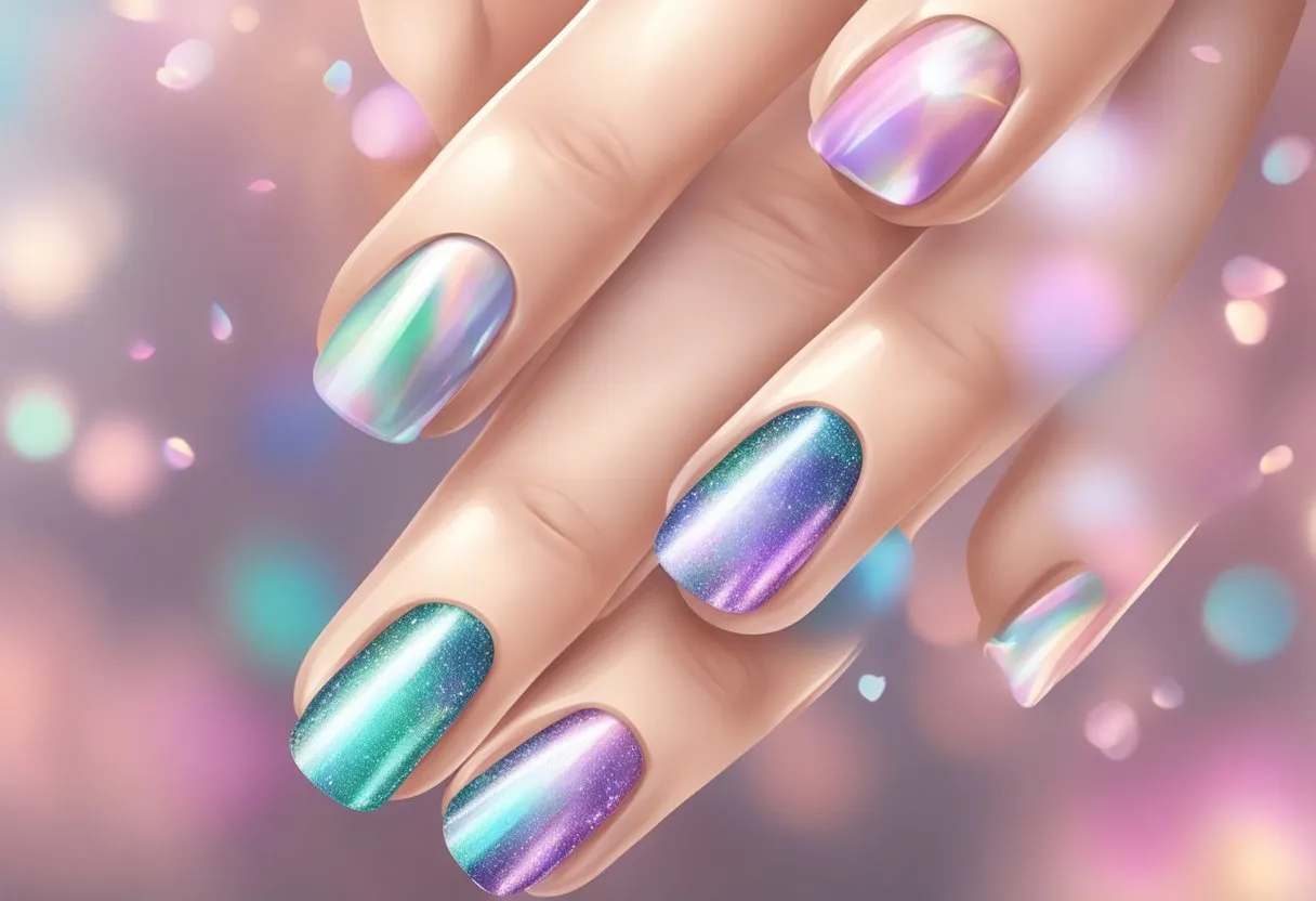 Shimmering metallic nail art on pastel spring background