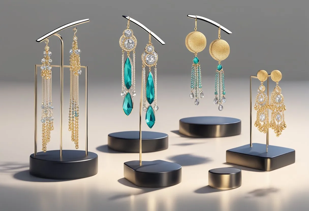 A display of various earring styles arranged on a sleek, minimalist stand, with soft lighting highlighting the intricate details and shimmering textures