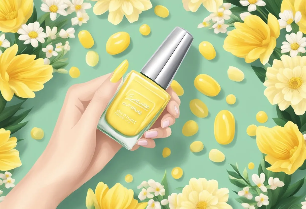A hand holding a pastel yellow nail polish bottle, surrounded by soft yellow pastel colors and spring flowers