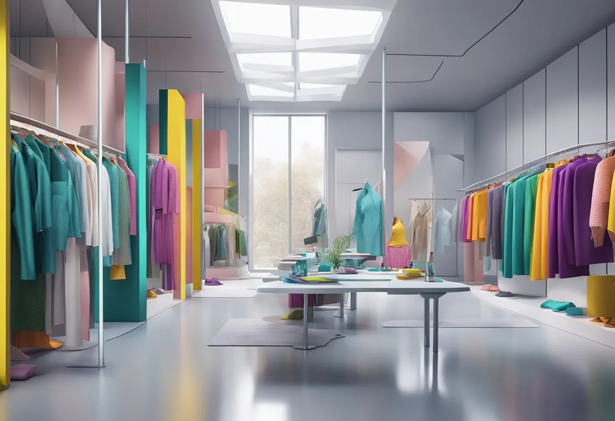 A vibrant mix of sustainable fabrics and futuristic materials in a high-tech fashion studio for Spring 2025