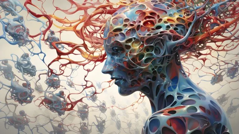 Ein surreales Kunstwerk einer menschlichen Figur mit einem hohlen, netzartigen Körper und bunten, fließenden neuralen Strukturen, die vom Kopf ausgehen, umgeben von ähnlichen abstrakten Formen.