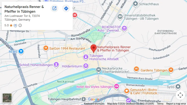 Karte mit der Lage der Naturheilpraxis Renner & Pfeiffer in Tübingen, Deutschland, markiert mit einer roten Stecknadel inmitten der umliegenden Straßen, Restaurants und Sehenswürdigkeiten – ideal für alle, die sich fragen: Wie finden Sie uns?.