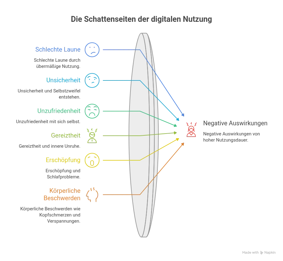 Infografik, die die negativen Auswirkungen einer intensiven Nutzung digitaler Medien veranschaulicht: schlechte Laune, Unsicherheit, Unzufriedenheit, Reizbarkeit, Erschöpfung und körperliche Beschwerden, jeweils dargestellt durch beschreibende Symbole und Pfeile.