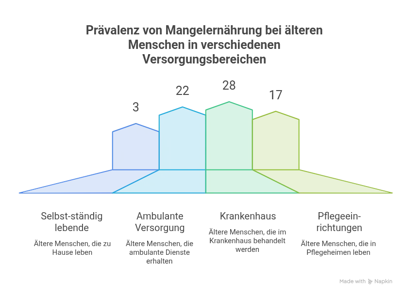 Balkendiagramm zur Prävalenz von Mangelernährung bei älteren Menschen: 3 % leben zu Hause, 22 % werden ambulant betreut, 28 % leiden unter Mangelernährung im Krankenhaus und 17 % leben in Pflegeheimen.