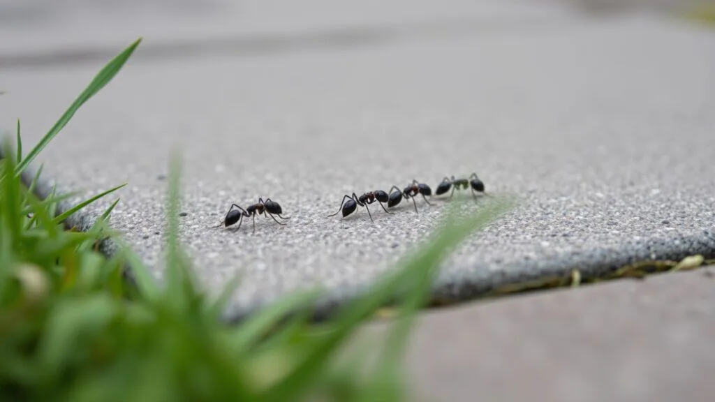 Zwarte tuinmieren lopen in een rij over de rand van een tuintegel naast het gras
