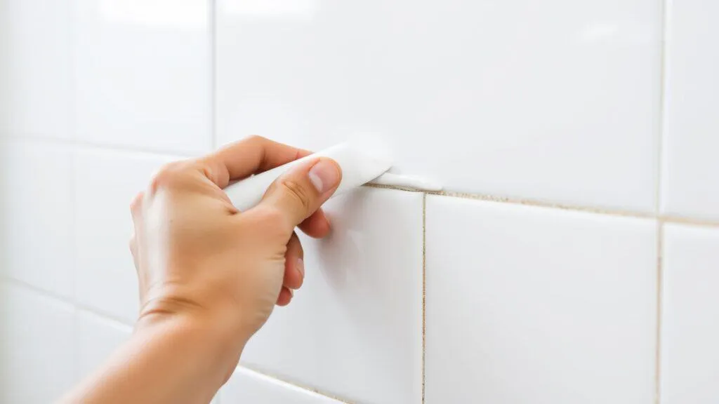 Hand die witte siliconenkit aanbrengt in de kier tussen plint en tegel in een badkamer.