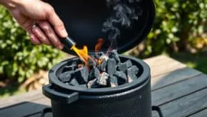 Hand steekt houtskool aan in een keramische kamado BBQ in een Nederlandse tuin.